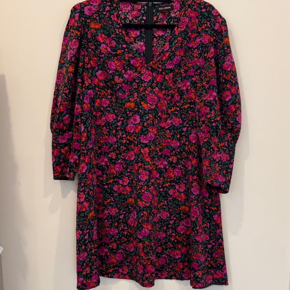QED London Floral Long Sleeve Dress - Pink and Orange